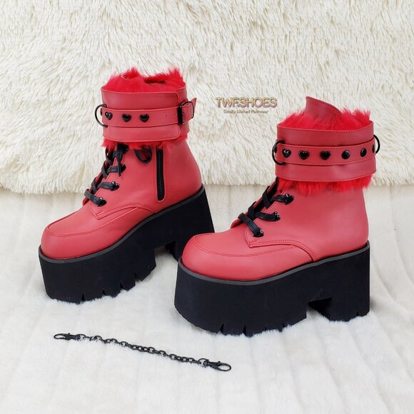 Goth Punk Platform Ankle Boots Furry Chain Cuff 57 - Picture 13 of 16